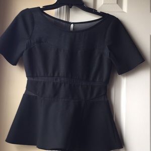 Elizabeth & James Black Sheer Cutout SS Peplum Top